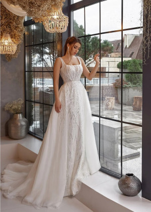 Square Neck Ivory Glitter Lace Wedding Dress With Detachable Train